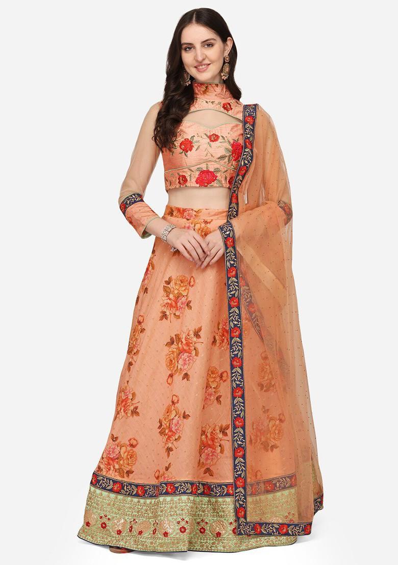 Peach Emboridered Blended Lehenga Choli