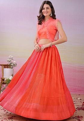 Orange Printed Blended Lehenga Choli