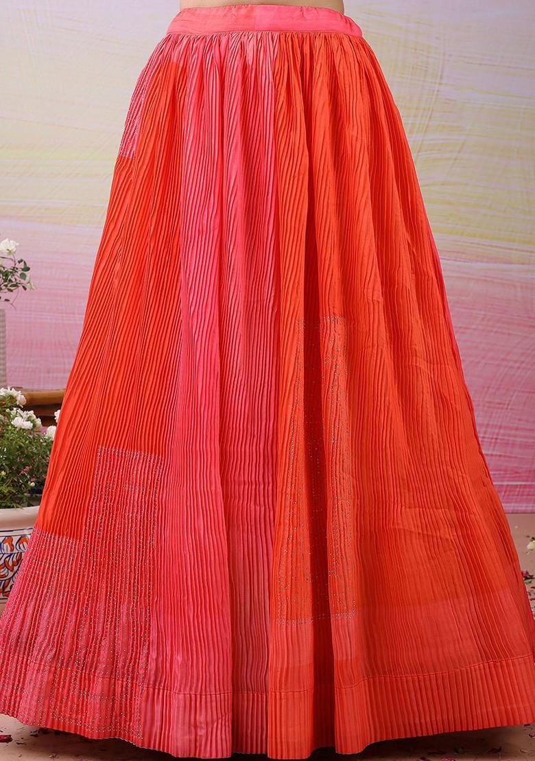 Orange Printed Blended Lehenga Choli - Indya