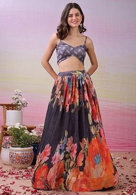 Grey Printed Blended Lehenga Choli