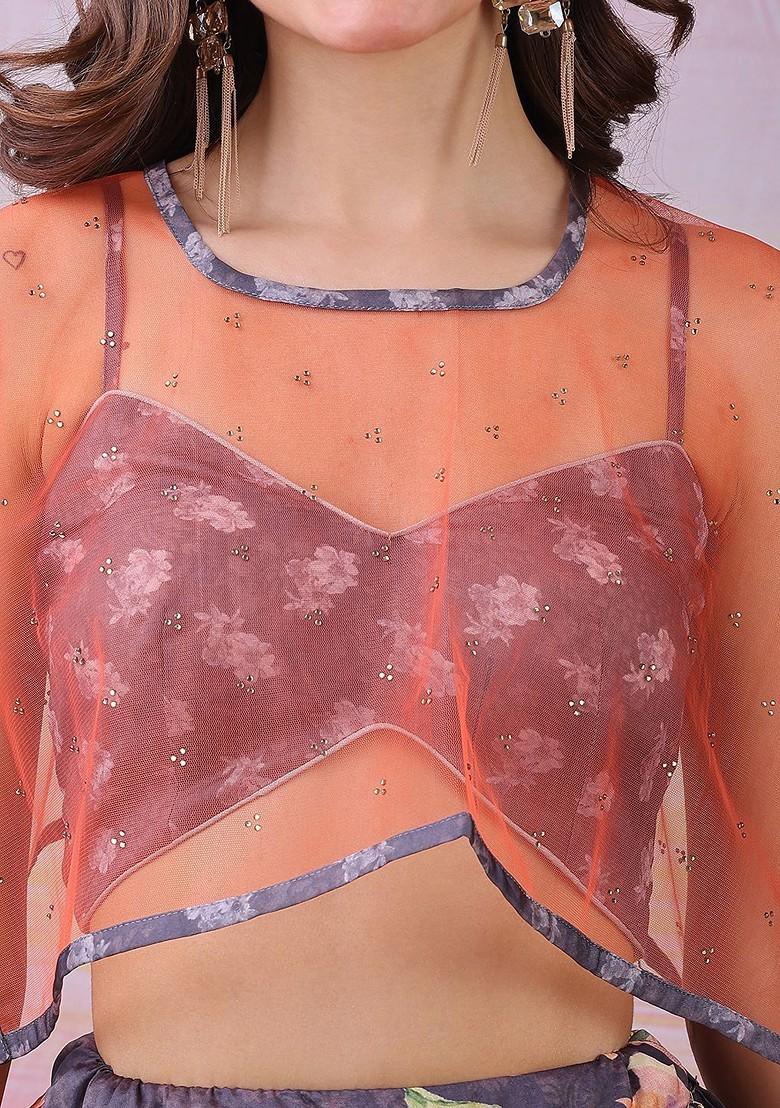 Grey Printed Blended Lehenga Choli - Indya