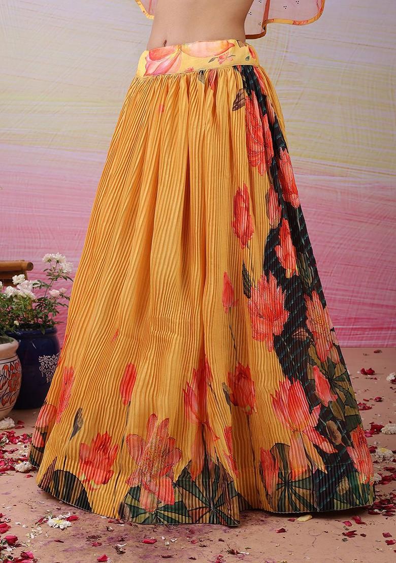 Yellow Printed Blended Lehenga Choli