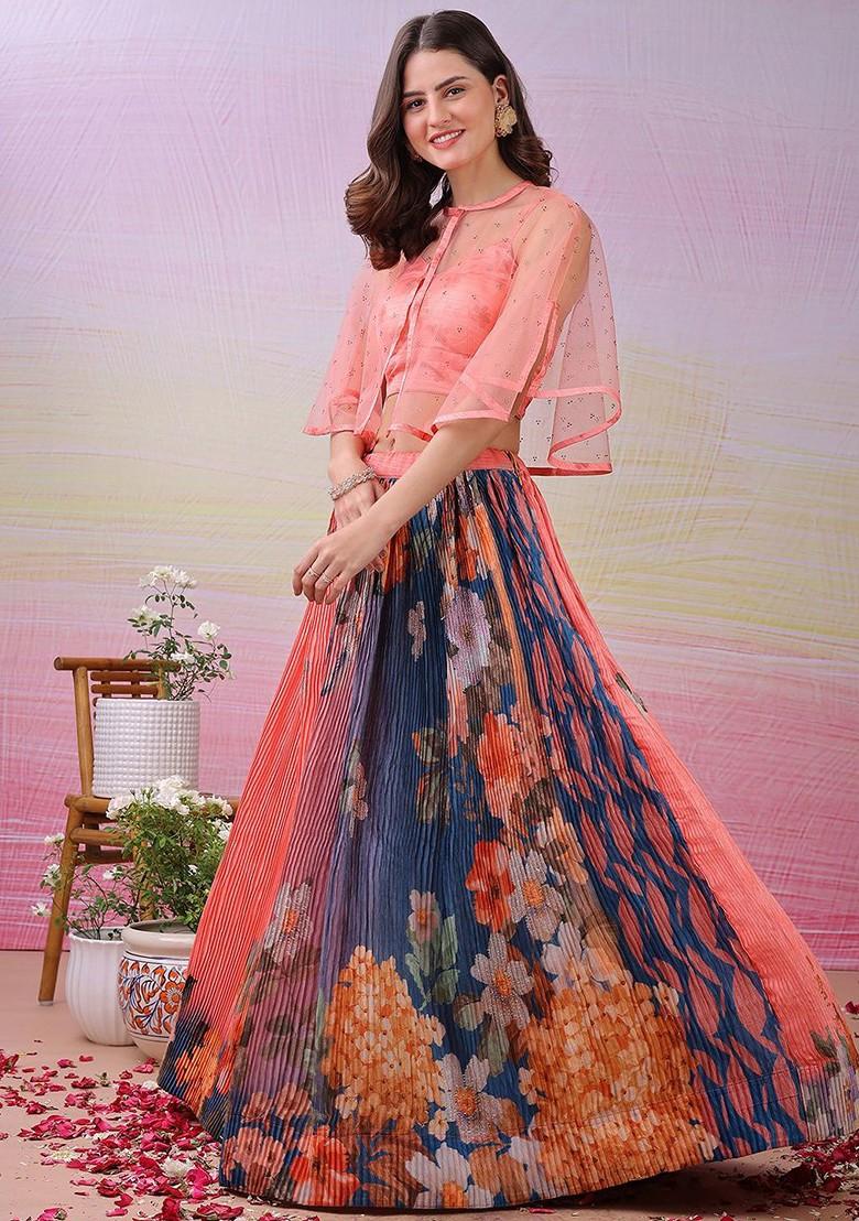 Pink Printed Blended Lehenga Choli