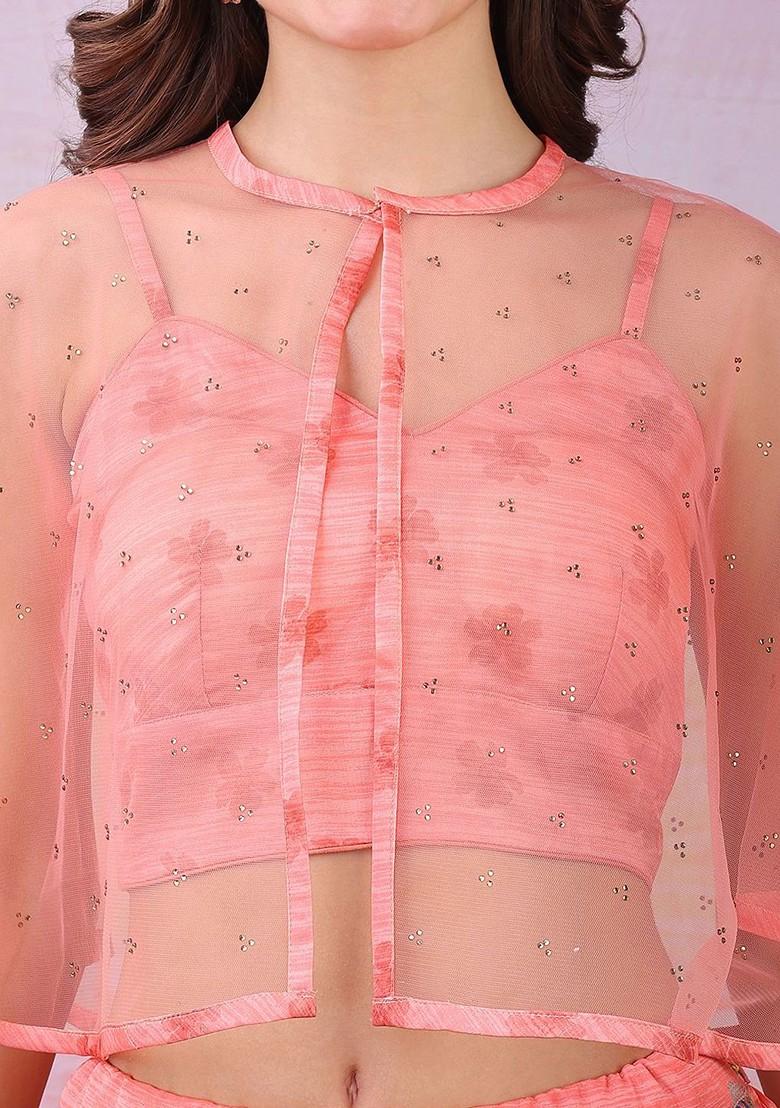 Pink Printed Blended Lehenga Choli