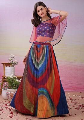 Blue Printed Blended Lehenga Choli