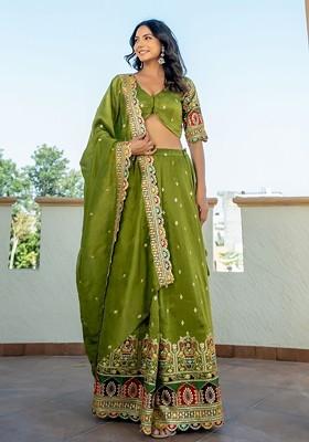 Green Emboridered Blended Lehenga Choli
