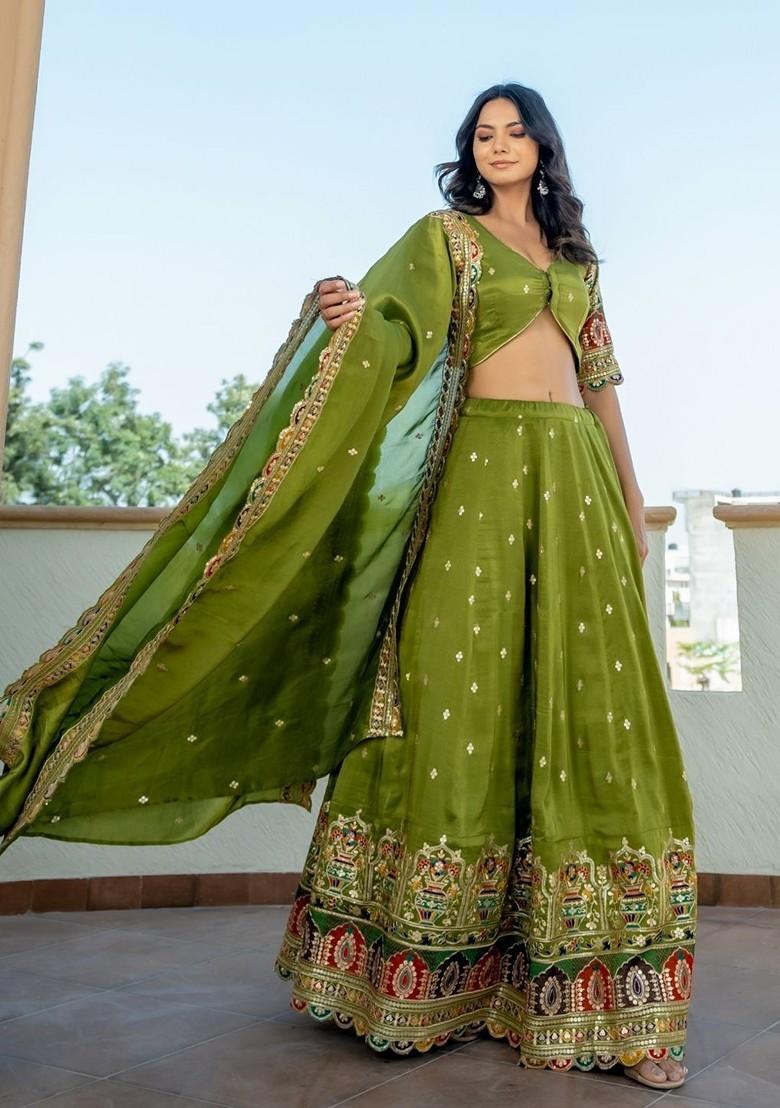 Green Emboridered Blended Lehenga Choli - Indya
