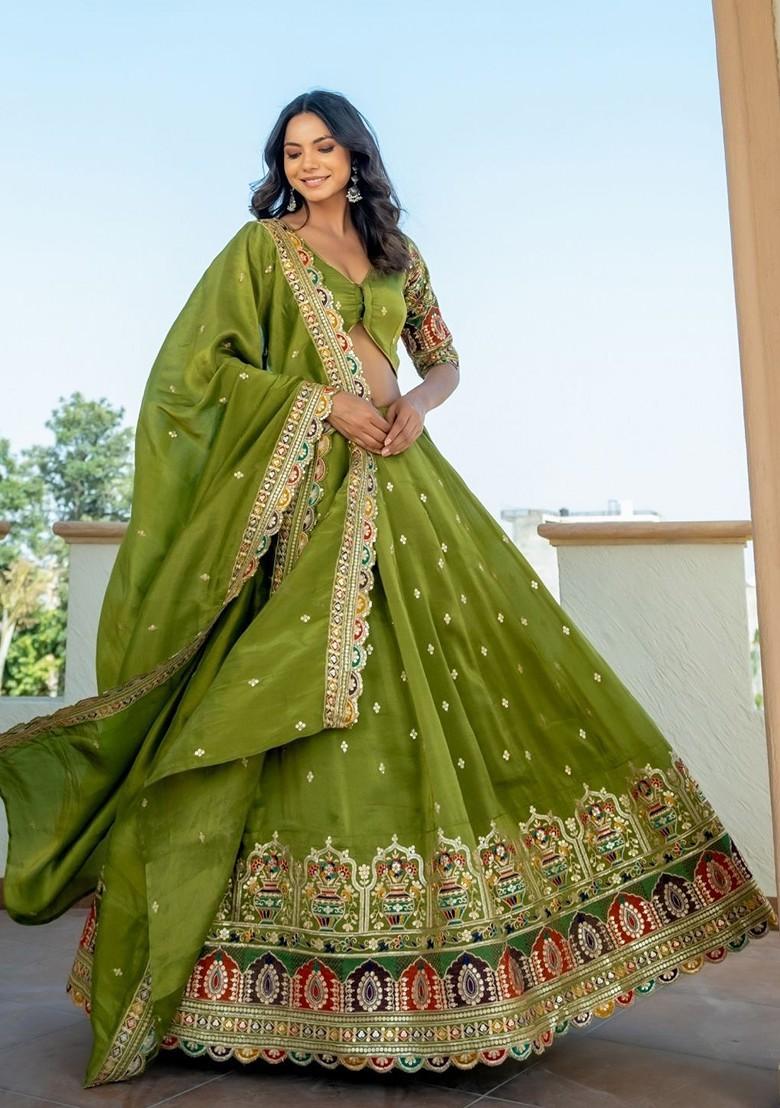 Green Emboridered Blended Lehenga Choli