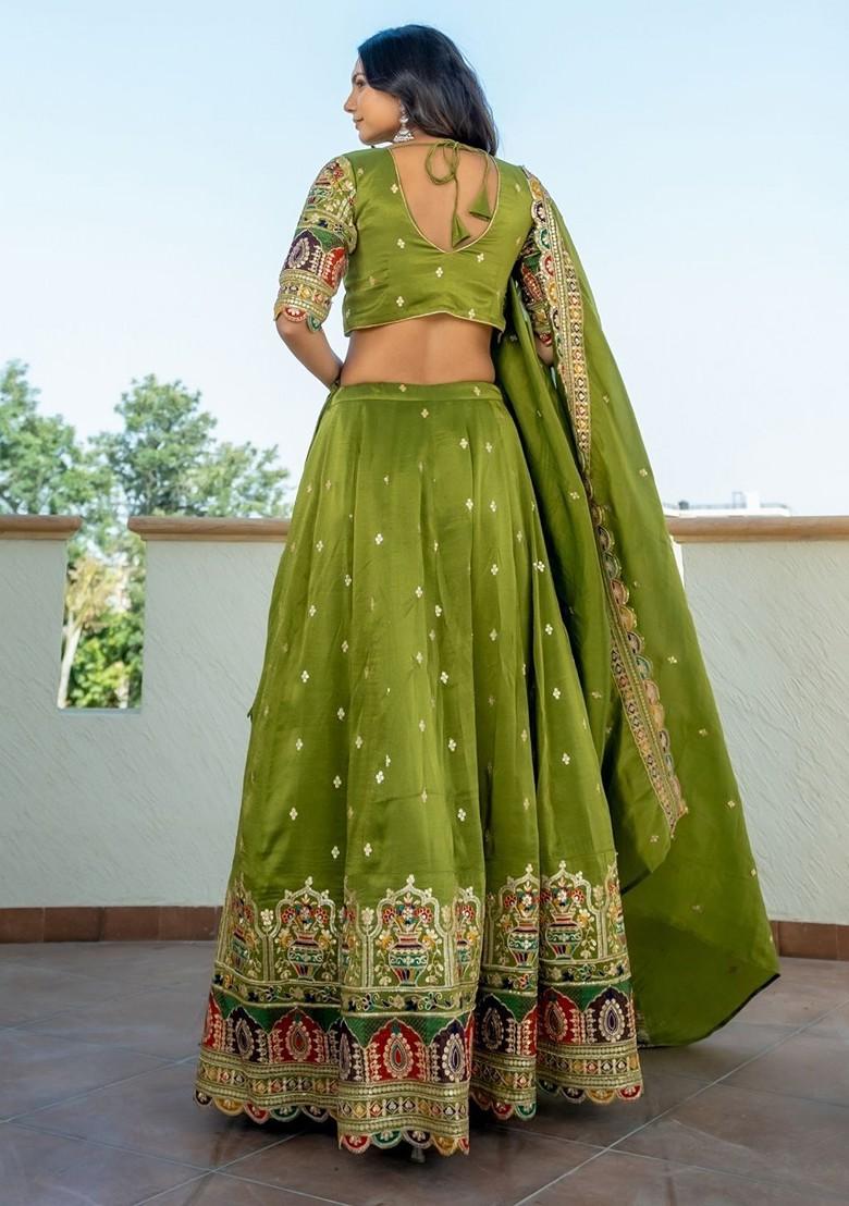 Green Emboridered Blended Lehenga Choli - Indya