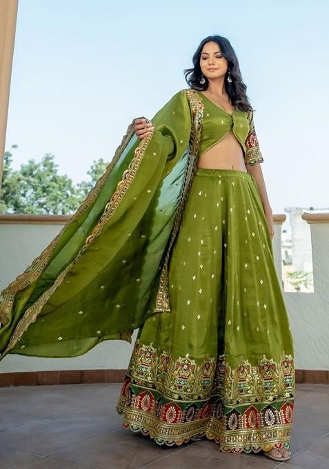 Green Emboridered Blended Lehenga Choli