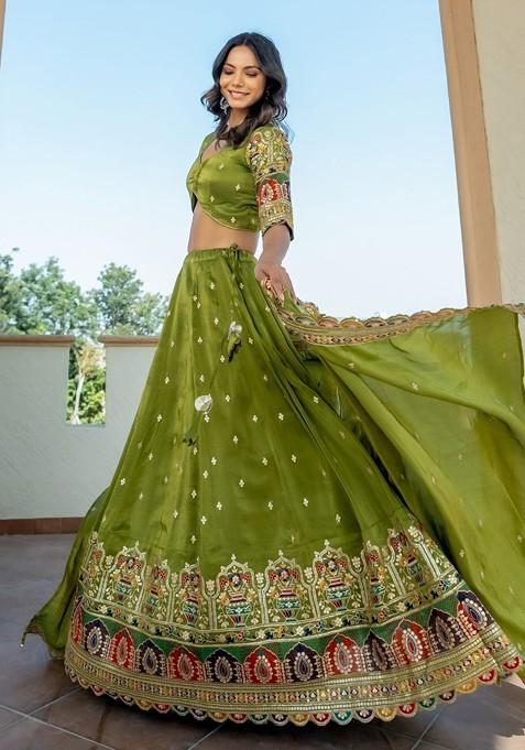 Green Emboridered Blended Lehenga Choli