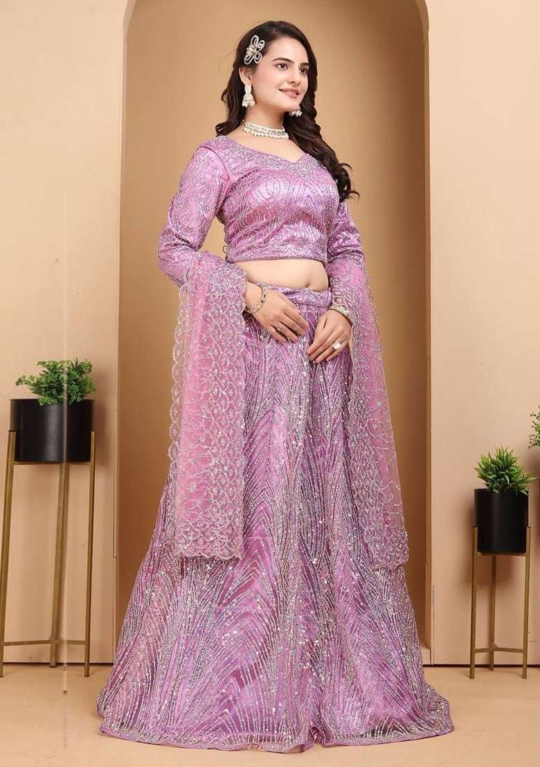 Purple Embellished Blended Lehenga Choli - Indya