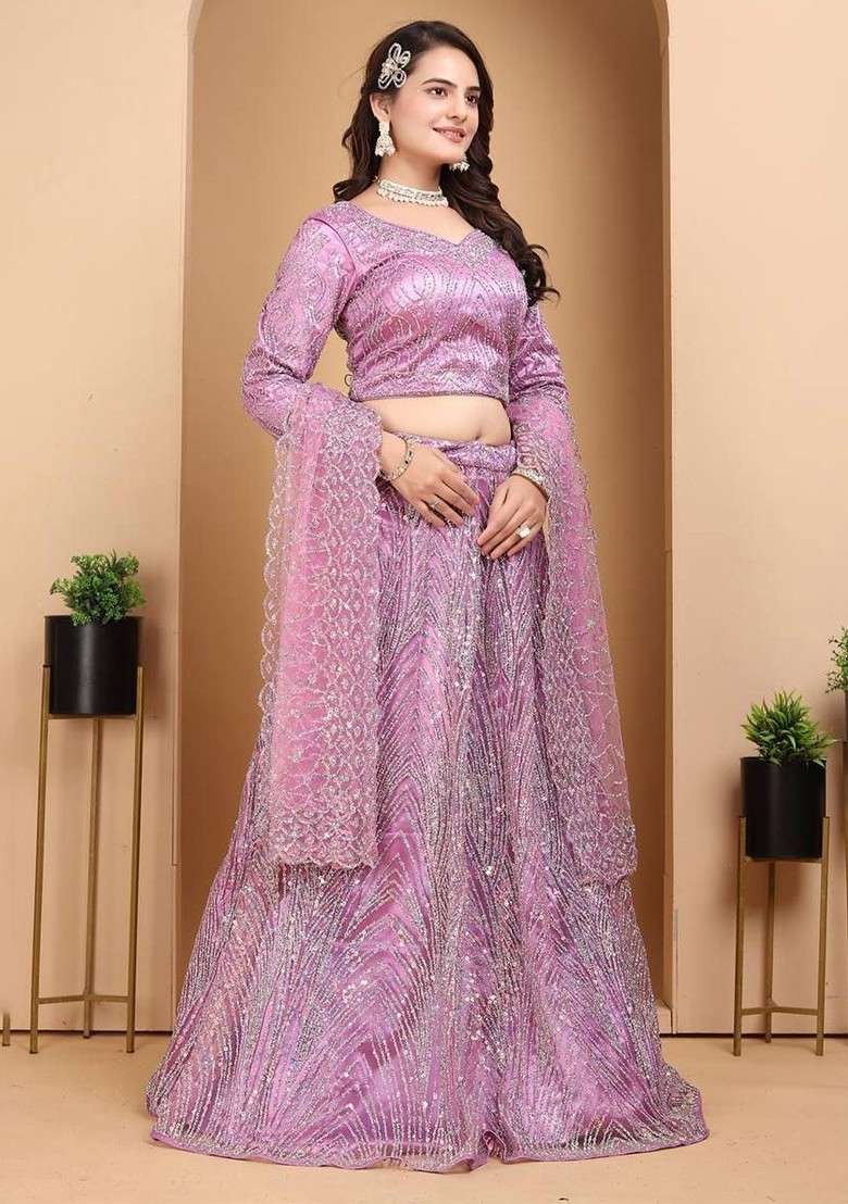 Purple Embellished Blended Lehenga Choli - Indya