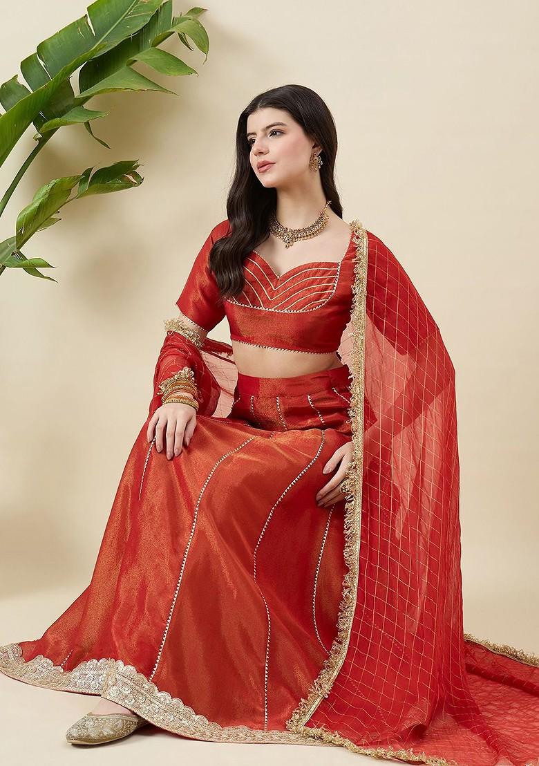 Orange Emboridered Blended Lehenga Choli