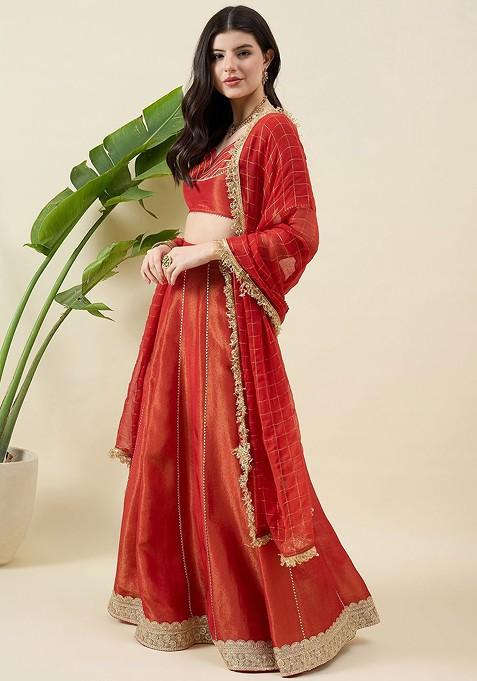 Orange Emboridered Blended Lehenga Choli