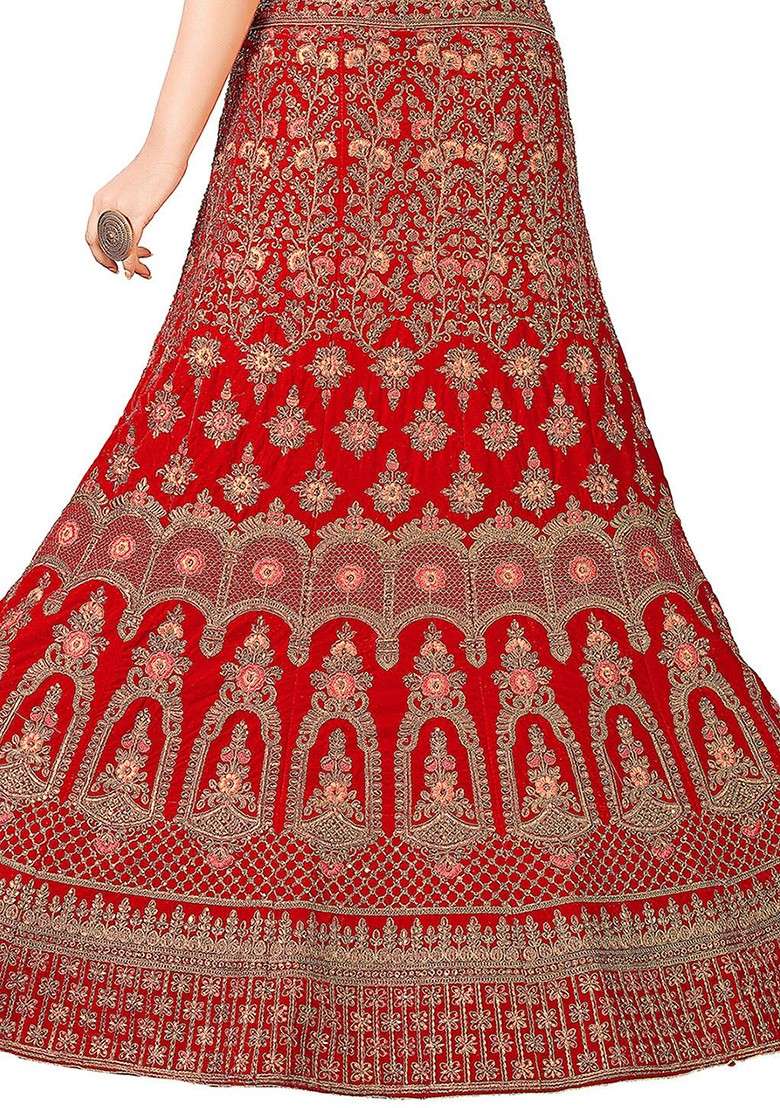 Red Emboridered Blended Lehenga Choli - Indya