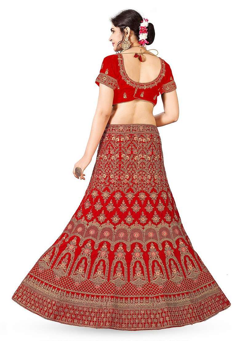 Red Emboridered Blended Lehenga Choli - Indya