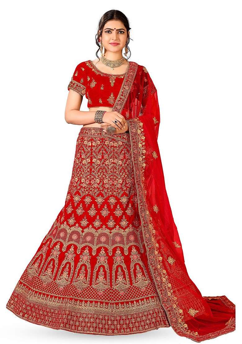 Red Emboridered Blended Lehenga Choli - Indya