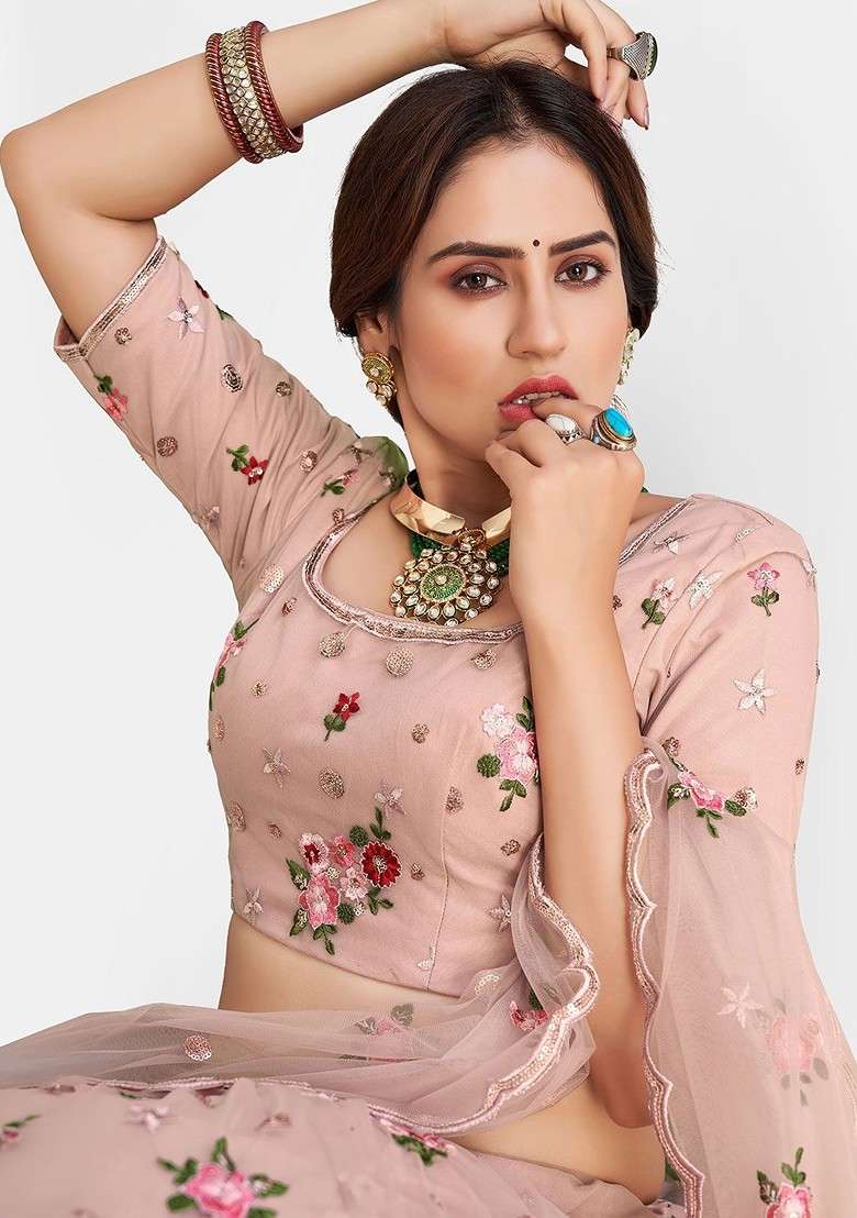Taupe Emboridered Blended Lehenga Choli - Indya