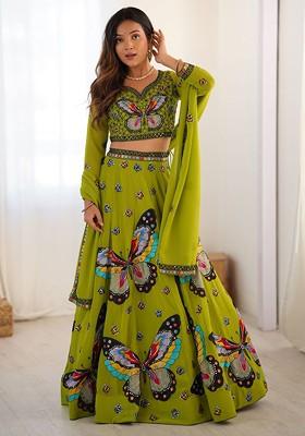 Green Emboridered Blended Lehenga Choli