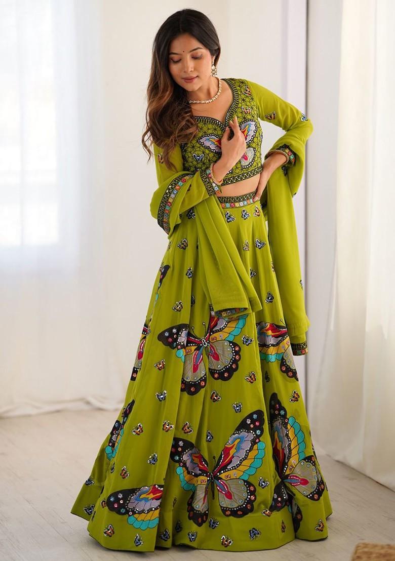 Green Emboridered Blended Lehenga Choli - Indya