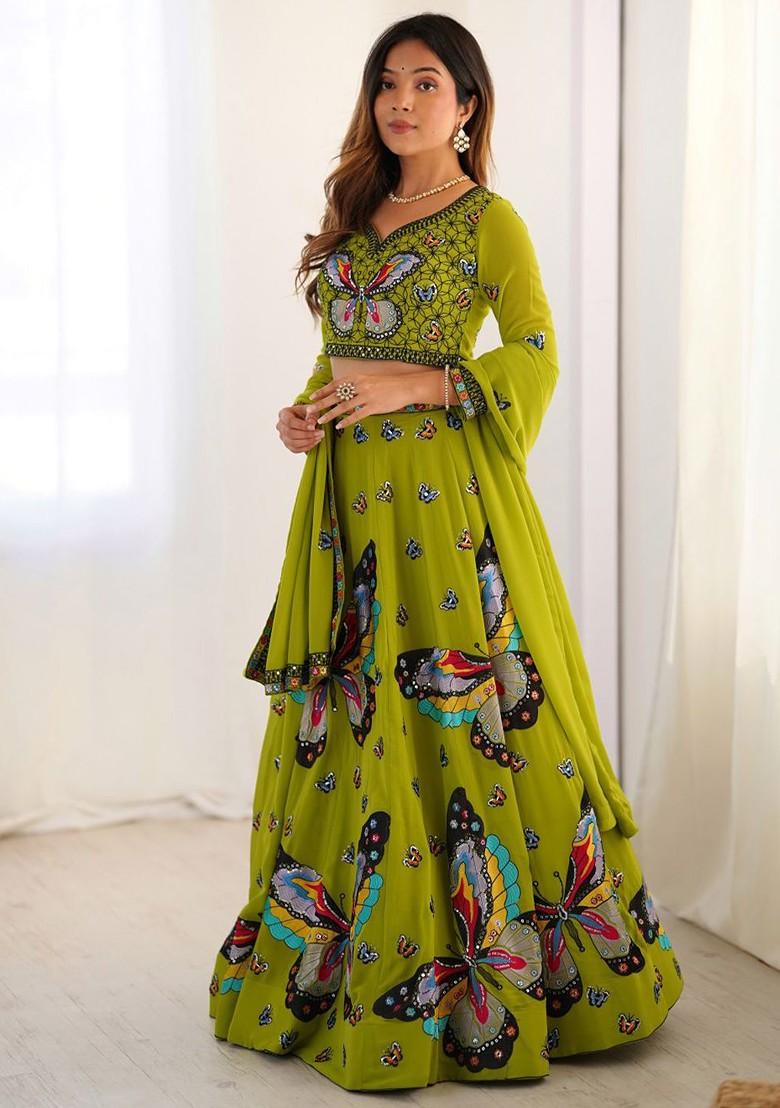 Green Emboridered Blended Lehenga Choli - Indya