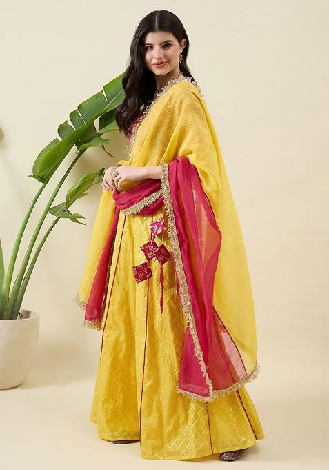 Pink Woven Design Blended Lehenga Choli