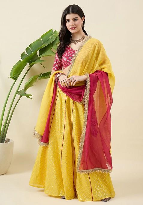 Pink Woven Design Blended Lehenga Choli