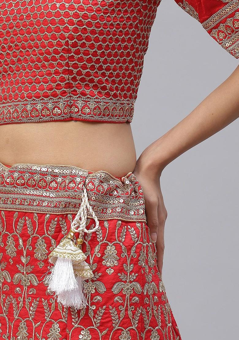 Red Emboridered Blended Lehenga Choli - Indya