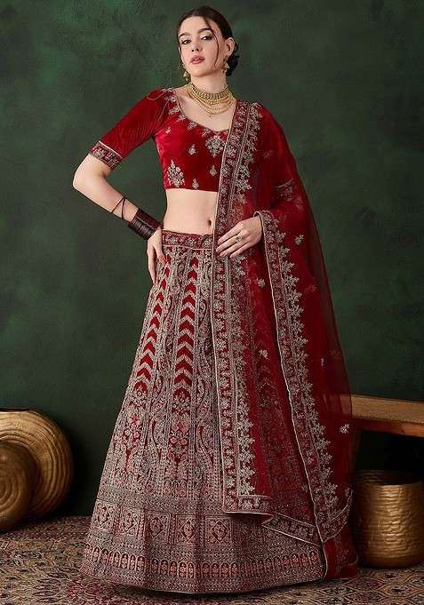 Maroon Emboridered Blended Lehenga Choli