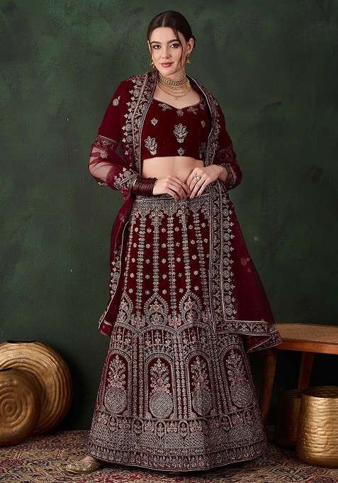 Maroon Emboridered Blended Lehenga Choli