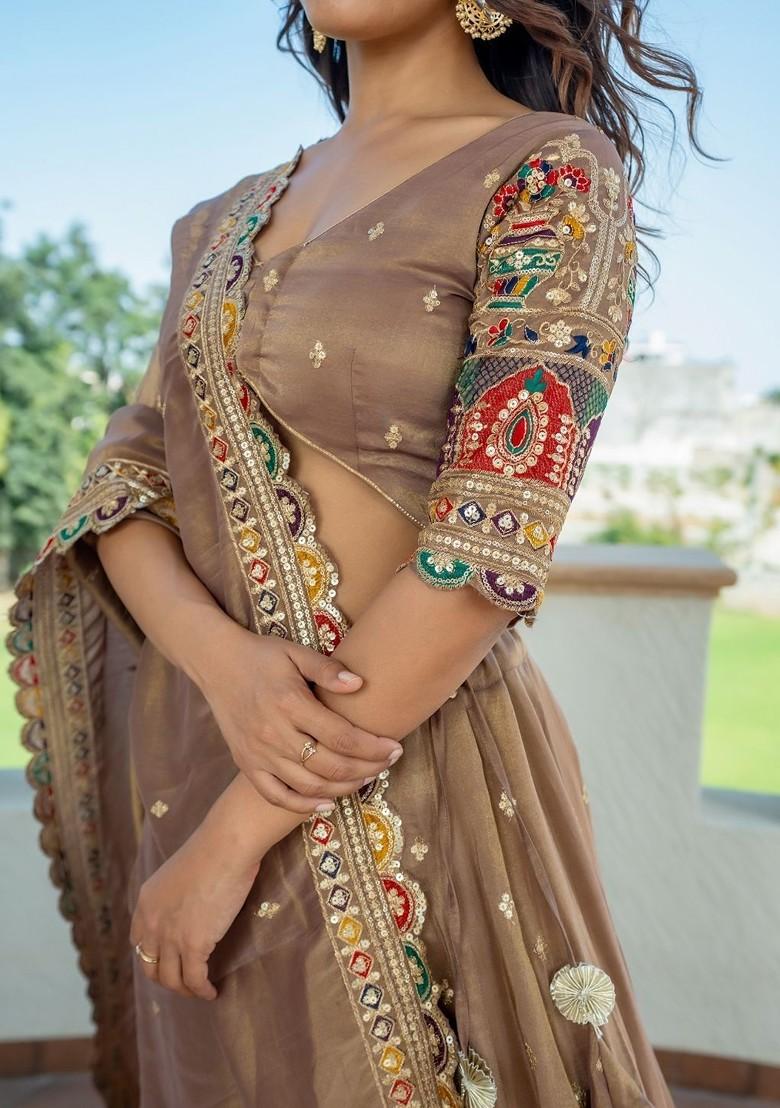 Beige Emboridered Blended Lehenga Choli - Indya