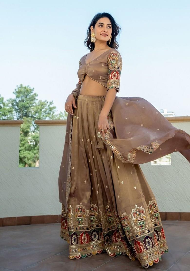 Beige Emboridered Blended Lehenga Choli - Indya