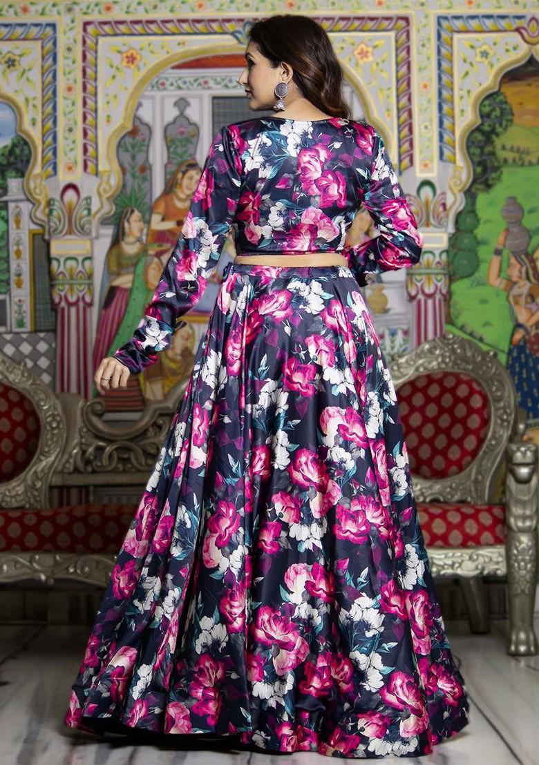 Black Printed Blended Lehenga Choli - Indya