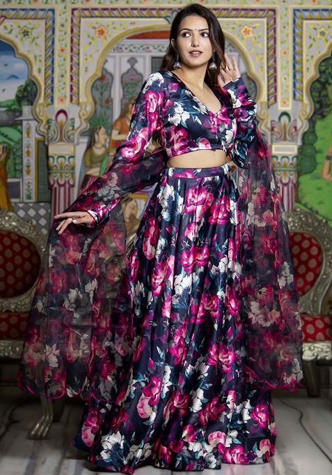 Black Printed Blended Lehenga Choli