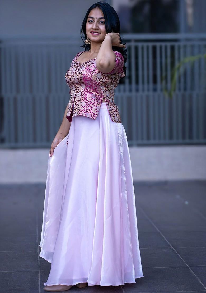 Pink Woven Design Blended Lehenga Choli - Indya
