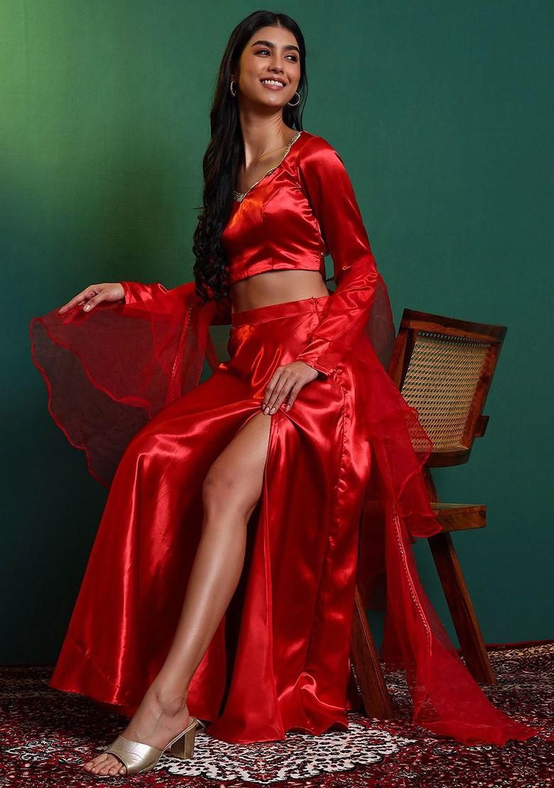 Red Emboridered Blended Lehenga Choli - Indya