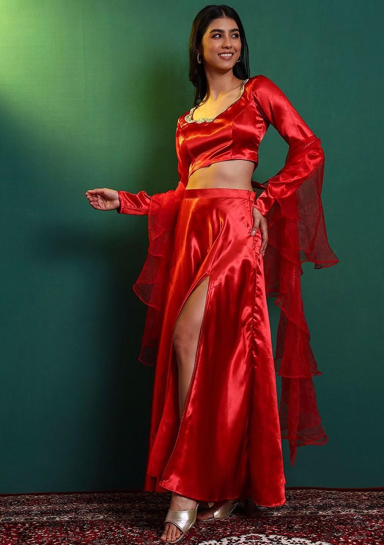 Red Emboridered Blended Lehenga Choli - Indya