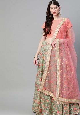 Green Embellished Blended Lehenga Choli