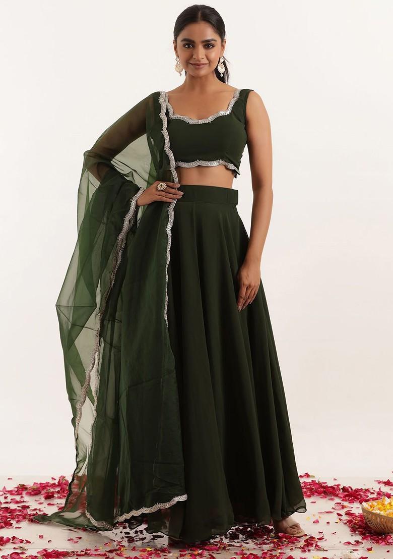 Green Embellished Blended Lehenga Choli - Indya