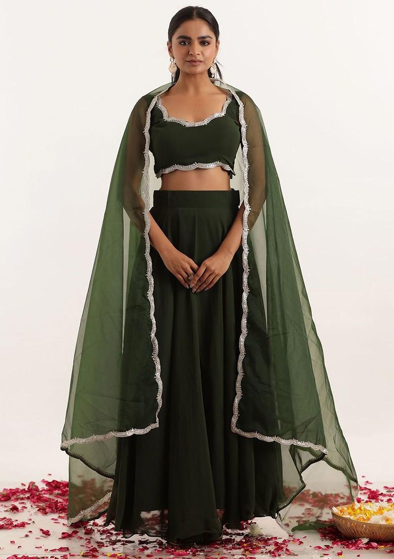 Green Embellished Blended Lehenga Choli - Indya