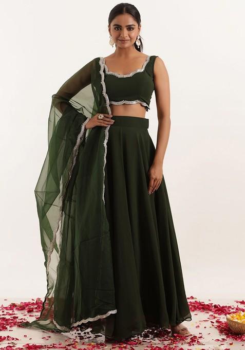 Green Embellished Blended Lehenga Choli — view on Indya