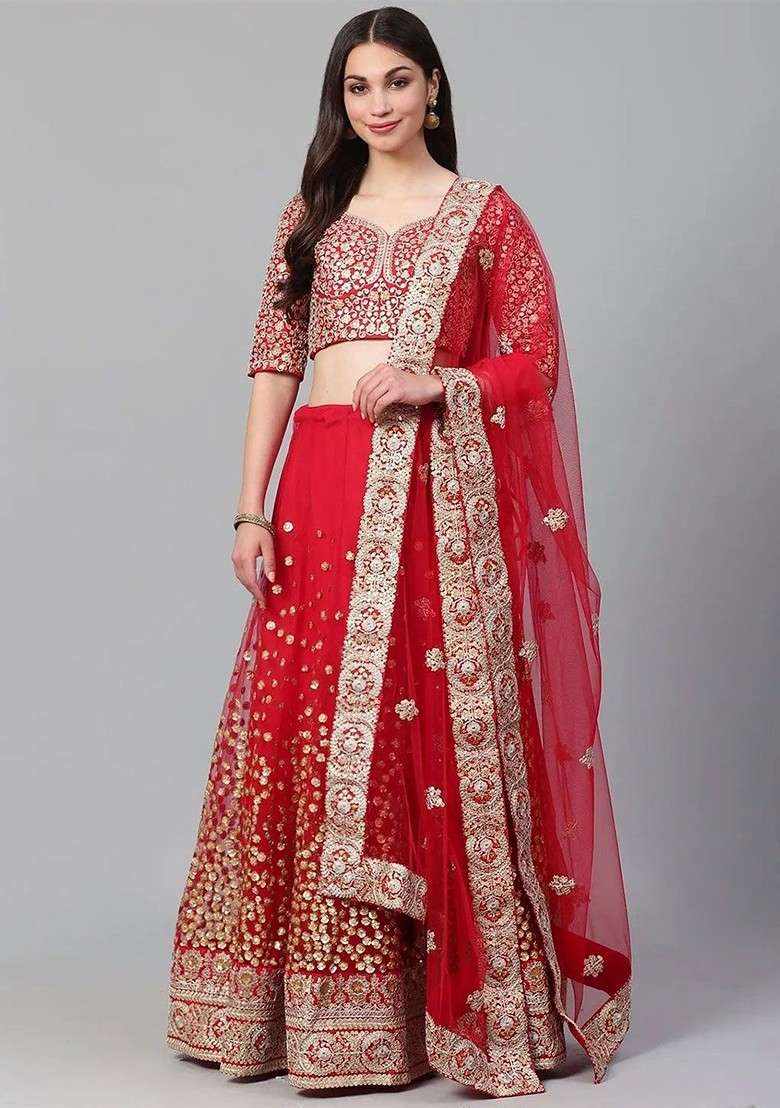 Red Emboridered Blended Lehenga Choli - Indya