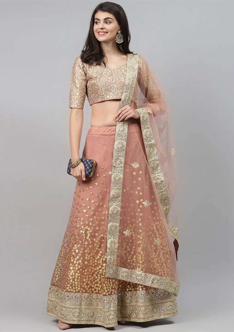 Brown Emboridered Blended Lehenga Choli - Indya