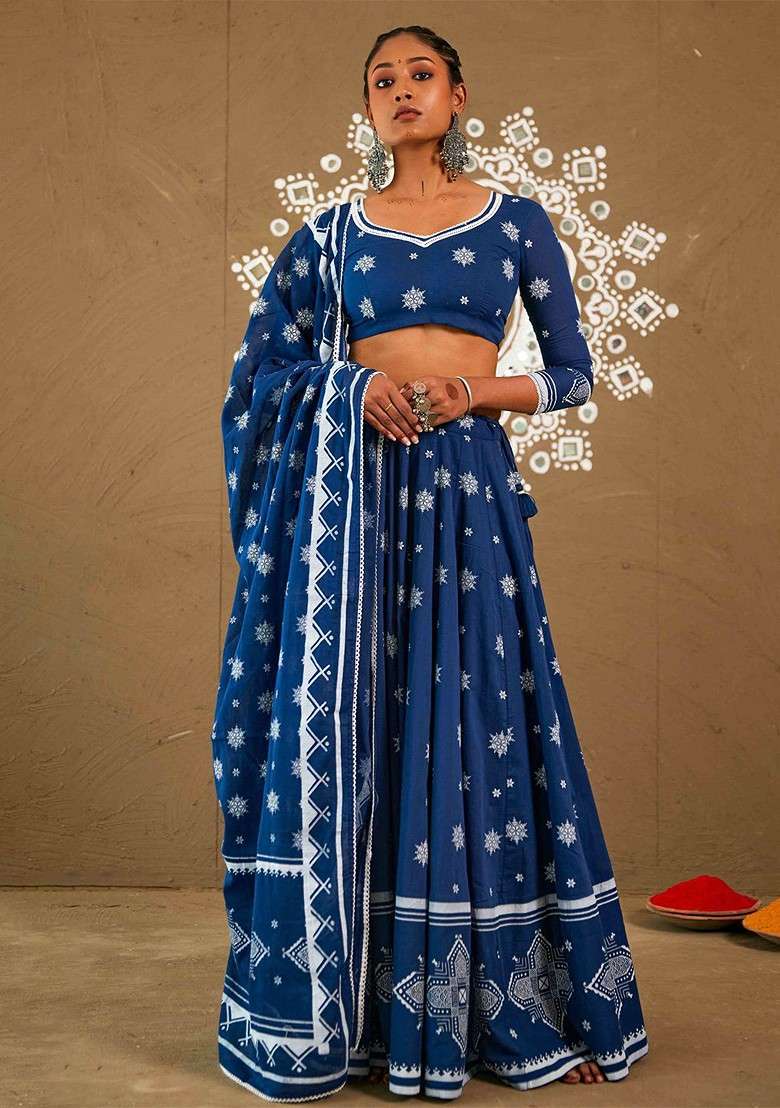 Grey Printed Blended Lehenga Choli - Indya
