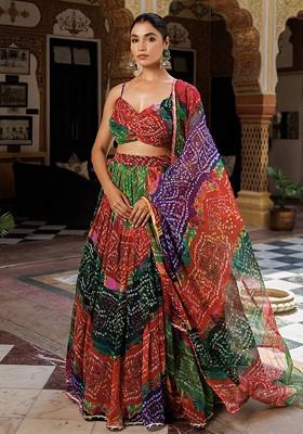 Blue Printed Blended Lehenga Choli