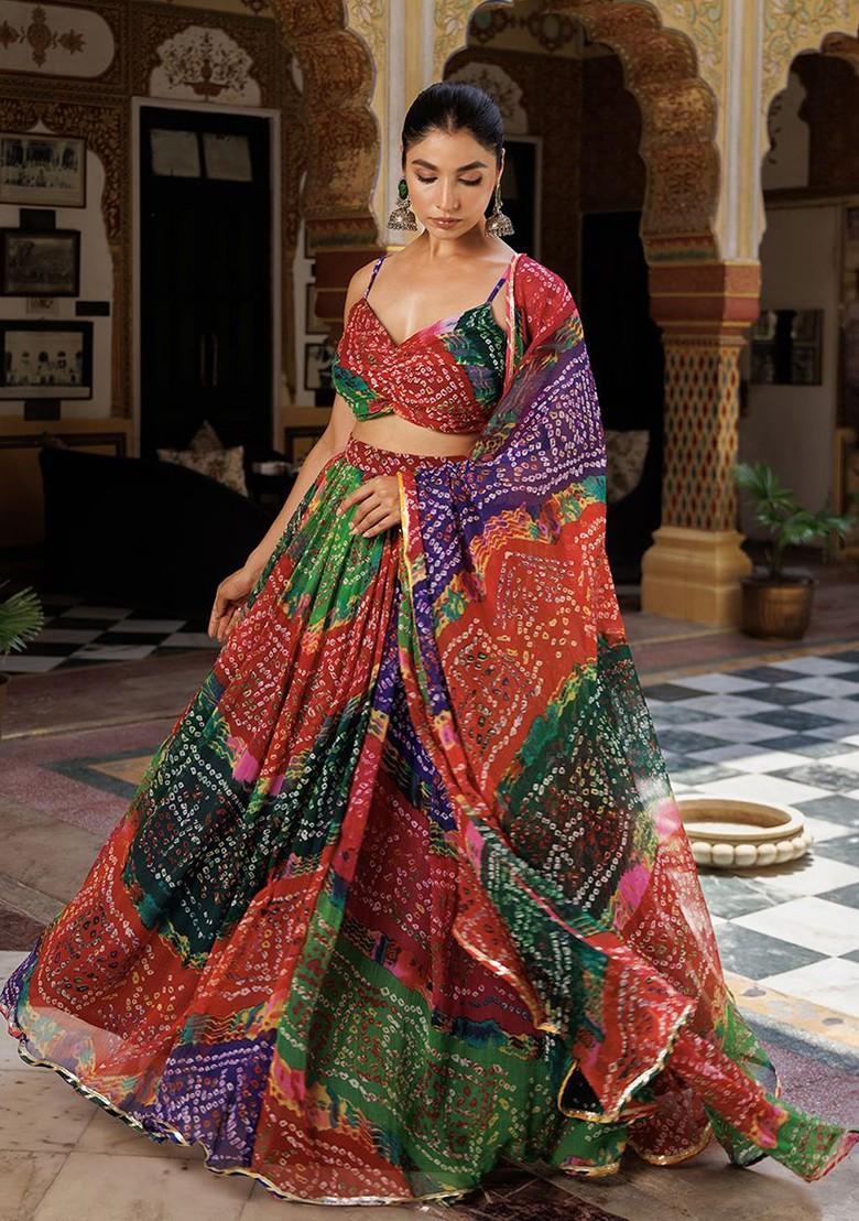 Blue Printed Blended Lehenga Choli - Indya