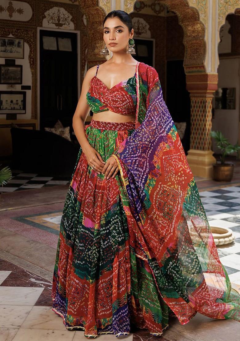 Blue Printed Blended Lehenga Choli - Indya