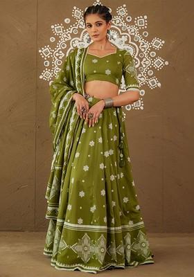 Green Embellished Blended Lehenga Choli