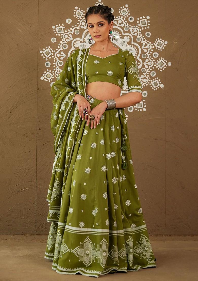 Green Embellished Blended Lehenga Choli
